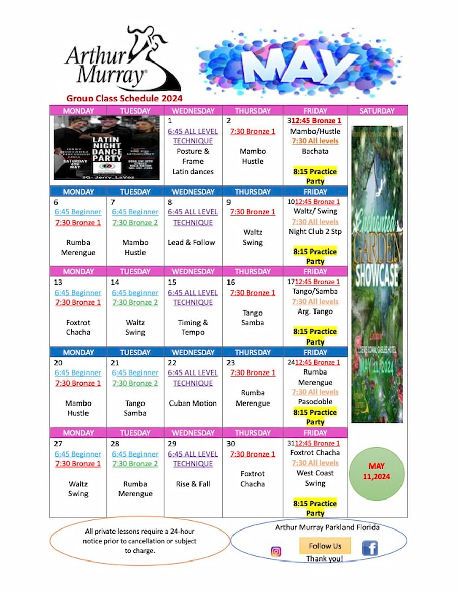 Arthur Murray Parkland Group Class Calendar